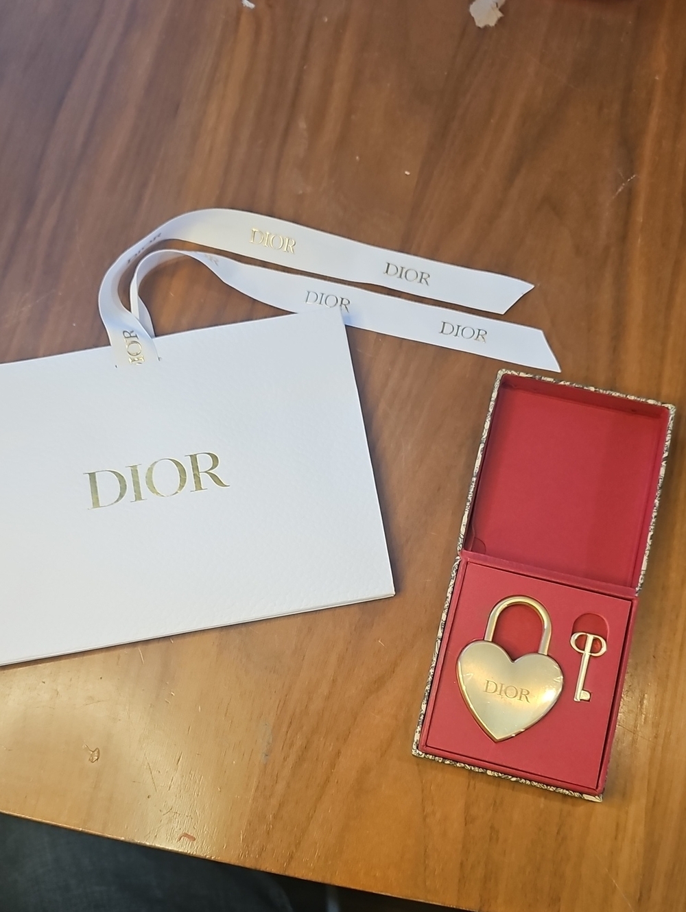 Dior Gold Heart Padlock Charm with Key in Red Presentation Box